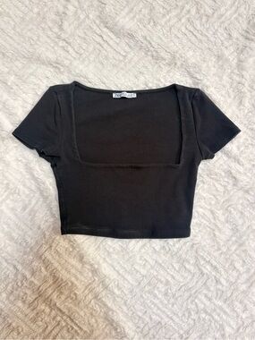 Zara Black Square-Neck Short Sleeve Crop Top